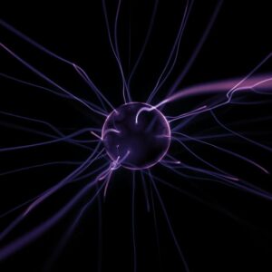 Electrifying plasma ball emitting vivid purple arcs against a dark background.